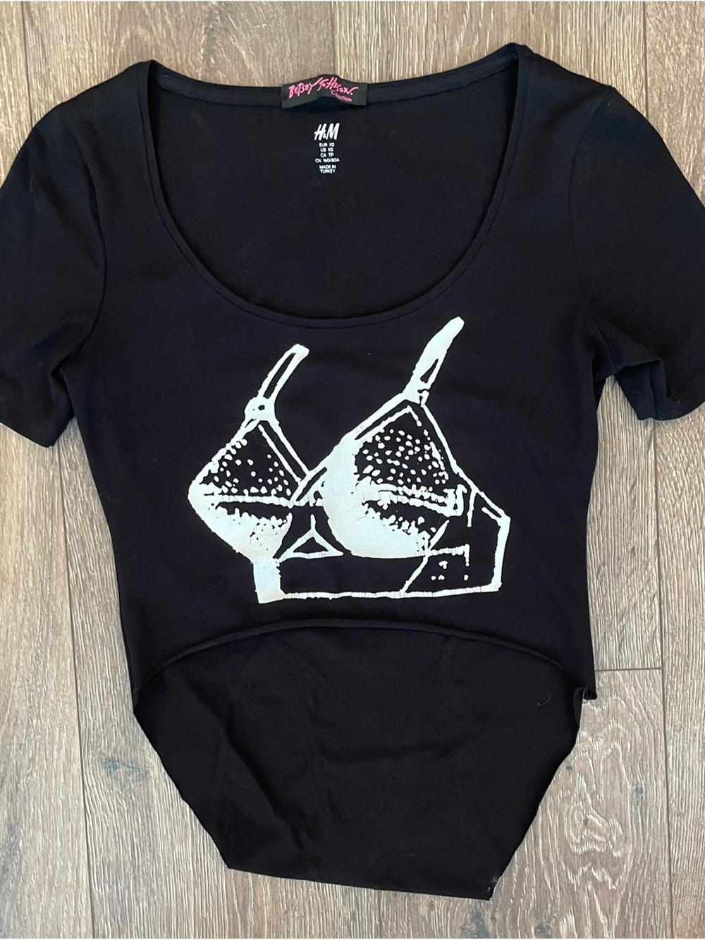 Betsey Johnson Black Crop Top with White Bra Graphic